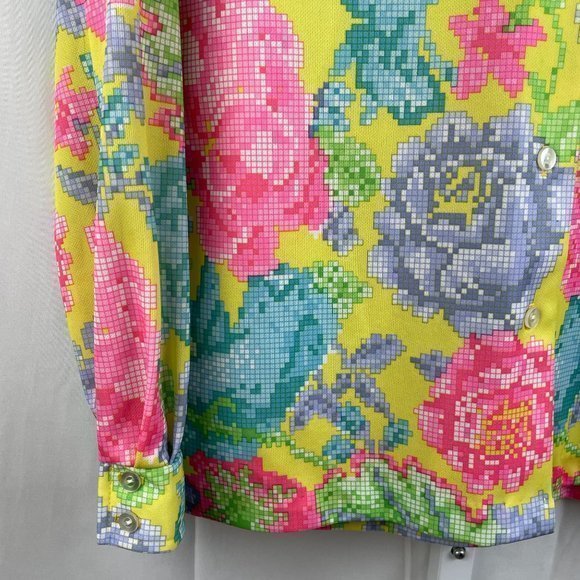 Womens Vintage 60s 70s Bright Pixelated Flower Floral Button Front Top Medium‎ - Picture 3 of 7